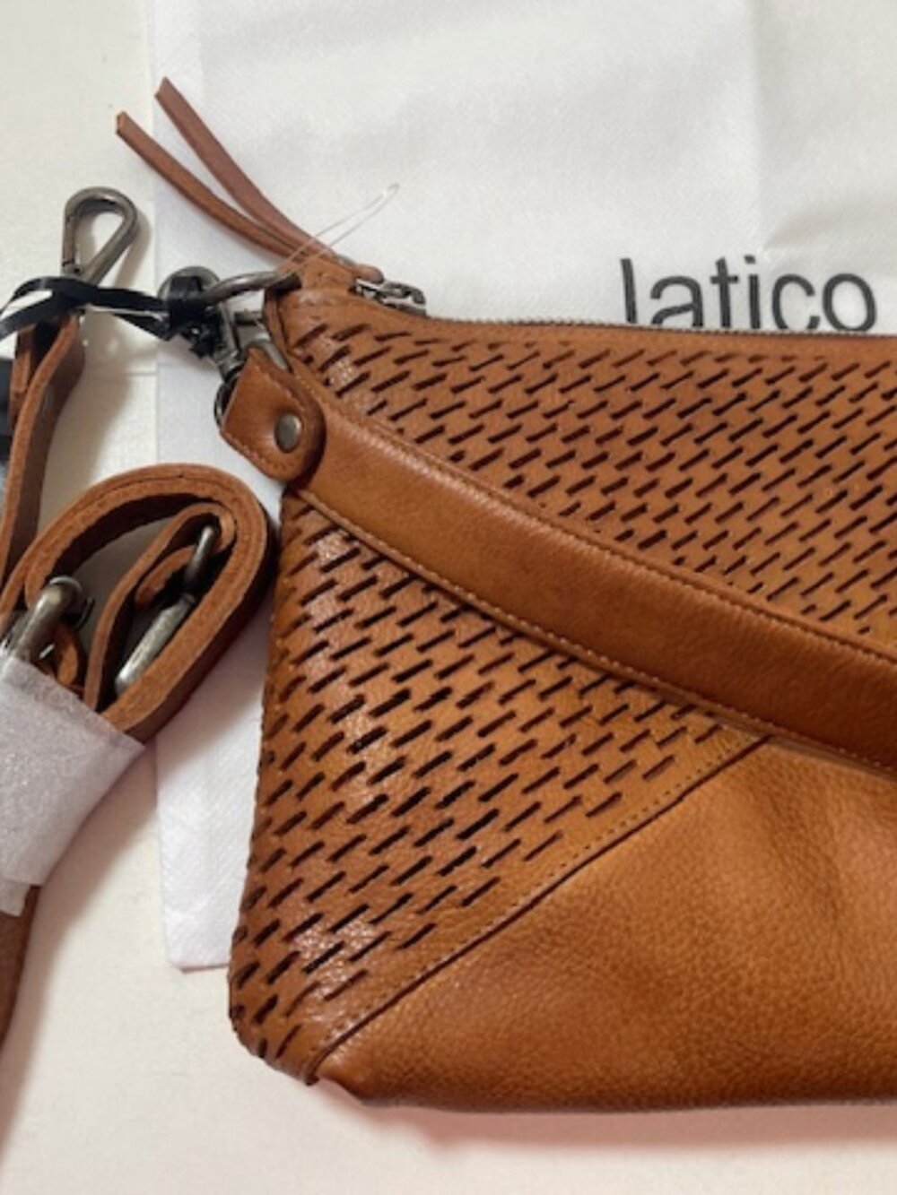 Latico Leathers Stevie Laser Crossbody Bag Brand New in Cognac